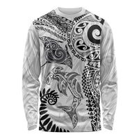 Aotearoa Maori Sea Animals Tribal Long Sleeve Shirt Manta Ray and Shark Moko Pattern White Color LT03 Unisex White - Polynesian Pride