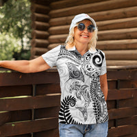Aotearoa Maori Sea Animals Tribal Women Polo Shirt Manta Ray and Shark Moko Pattern White Color LT03 - Polynesian Pride