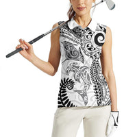 Aotearoa Maori Sea Animals Tribal Women Sleeveless Polo Shirt Manta Ray and Shark Moko Pattern White Color LT03 - Polynesian Pride