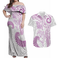 Aotearoa Maori Sea Animals Tribal Couples Matching Off Shoulder Maxi Dress and Hawaiian Shirt Manta Ray and Shark Moko Pattern Pink Color LT03 Pink - Polynesian Pride