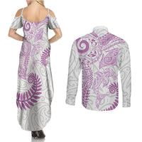 Aotearoa Maori Sea Animals Tribal Couples Matching Summer Maxi Dress and Long Sleeve Button Shirt Manta Ray and Shark Moko Pattern Pink Color LT03 - Polynesian Pride