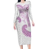 Aotearoa Maori Sea Animals Tribal Family Matching Long Sleeve Bodycon Dress and Hawaiian Shirt Manta Ray and Shark Moko Pattern Pink Color LT03 Mom's Dress Pink - Polynesian Pride
