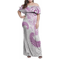 Aotearoa Maori Sea Animals Tribal Family Matching Off Shoulder Maxi Dress and Hawaiian Shirt Manta Ray and Shark Moko Pattern Pink Color LT03 Mom's Dress Pink - Polynesian Pride