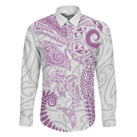 Aotearoa Maori Sea Animals Tribal Family Matching Summer Maxi Dress and Hawaiian Shirt Manta Ray and Shark Moko Pattern Pink Color LT03 Dad's Shirt - Long Sleeve Pink - Polynesian Pride