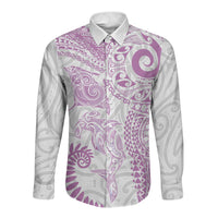 Aotearoa Maori Sea Animals Tribal Long Sleeve Button Shirt Manta Ray and Shark Moko Pattern Pink Color LT03 Unisex Pink - Polynesian Pride