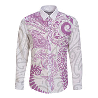 Aotearoa Maori Sea Animals Tribal Long Sleeve Button Shirt Manta Ray and Shark Moko Pattern Pink Color LT03 Unisex Pink - Polynesian Pride