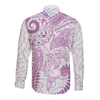 Aotearoa Maori Sea Animals Tribal Long Sleeve Button Shirt Manta Ray and Shark Moko Pattern Pink Color LT03 - Polynesian Pride