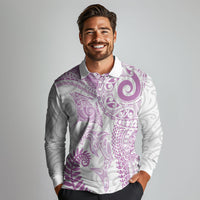 Aotearoa Maori Sea Animals Tribal Long Sleeve Polo Shirt Manta Ray and Shark Moko Pattern Pink Color LT03 - Polynesian Pride