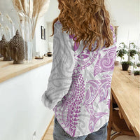 Aotearoa Maori Sea Animals Tribal Women Casual Shirt Manta Ray and Shark Moko Pattern Pink Color LT03 - Polynesian Pride