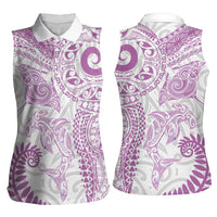 Aotearoa Maori Sea Animals Tribal Women Sleeveless Polo Shirt Manta Ray and Shark Moko Pattern Pink Color LT03 - Polynesian Pride