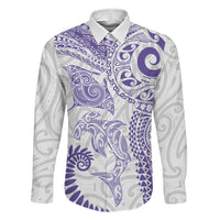 Aotearoa Maori Sea Animals Tribal Family Matching Off Shoulder Short Dress and Hawaiian Shirt Manta Ray and Shark Moko Pattern Purple Color LT03 Dad's Shirt - Long Sleeve Purple - Polynesian Pride