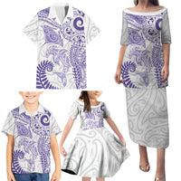 Aotearoa Maori Sea Animals Tribal Family Matching Puletasi and Hawaiian Shirt Manta Ray and Shark Moko Pattern Purple Color LT03 - Polynesian Pride
