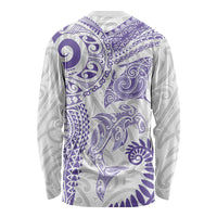 Aotearoa Maori Sea Animals Tribal Long Sleeve Shirt Manta Ray and Shark Moko Pattern Purple Color LT03 - Polynesian Pride