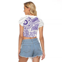 Aotearoa Maori Sea Animals Tribal Raglan Cropped T Shirt Manta Ray and Shark Moko Pattern Purple Color LT03 - Polynesian Pride