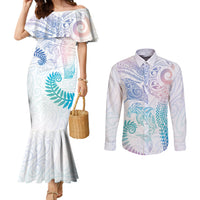 Aotearoa Maori Sea Animals Tribal Couples Matching Mermaid Dress and Long Sleeve Button Shirt Manta Ray and Shark Moko Pattern Sweet Pastel LT03 Multicolor - Polynesian Pride