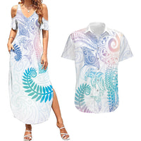 Aotearoa Maori Sea Animals Tribal Couples Matching Summer Maxi Dress and Hawaiian Shirt Manta Ray and Shark Moko Pattern Sweet Pastel LT03 Multicolor - Polynesian Pride