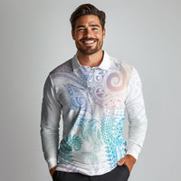 Aotearoa Maori Sea Animals Tribal Long Sleeve Polo Shirt Manta Ray and Shark Moko Pattern Sweet Pastel LT03 - Polynesian Pride
