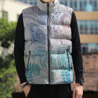 Aotearoa Maori Sea Animals Tribal Sleeveless Puffer Jacket Manta Ray and Shark Moko Pattern Sweet Pastel LT03 - Polynesian Pride