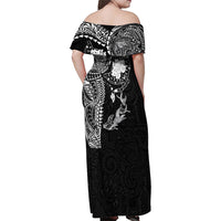 Hawaiian Manta Ray Tribal Family Matching Off Shoulder Maxi Dress and Hawaiian Shirt Polynesian Art Motifs Black Color LT03 - Polynesian Pride
