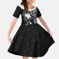 Hawaiian Manta Ray Tribal Family Matching Summer Maxi Dress and Hawaiian Shirt Polynesian Art Motifs Black Color LT03 Daughter's Dress Black - Polynesian Pride