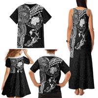 Hawaiian Manta Ray Tribal Family Matching Tank Maxi Dress and Hawaiian Shirt Polynesian Art Motifs Black Color LT03 - Polynesian Pride
