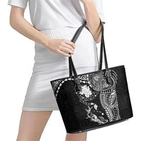 Hawaiian Manta Ray Tribal Leather Tote Bag Polynesian Art Motifs Black Color