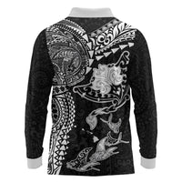 Hawaiian Manta Ray Tribal Long Sleeve Polo Shirt Polynesian Art Motifs Black Color LT03 - Polynesian Pride