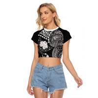 Hawaiian Manta Ray Tribal Raglan Cropped T Shirt Polynesian Art Motifs Black Color LT03 Female Black - Polynesian Pride