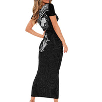Hawaiian Manta Ray Tribal Short Sleeve Bodycon Dress Polynesian Art Motifs Black Color LT03 - Polynesian Pride