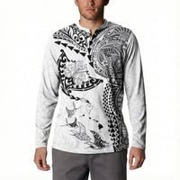 Hawaiian Manta Ray Tribal Button Sweatshirt Polynesian Art Motifs White Color