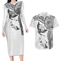 Hawaiian Manta Ray Tribal Couples Matching Long Sleeve Bodycon Dress and Hawaiian Shirt Polynesian Art Motifs White Color LT03 White - Polynesian Pride