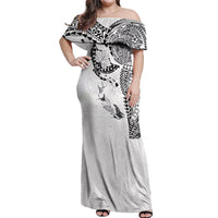 Hawaiian Manta Ray Tribal Off Shoulder Maxi Dress Polynesian Art Motifs White Color LT03 Women White - Polynesian Pride