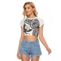 Hawaiian Manta Ray Tribal Raglan Cropped T Shirt Polynesian Art Motifs White Color LT03 Female White - Polynesian Pride