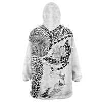 Hawaiian Manta Ray Tribal Wearable Blanket Hoodie Polynesian Art Motifs White Color LT03 - Polynesian Pride