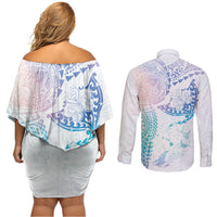 Hawaiian Manta Ray Tribal Couples Matching Off Shoulder Short Dress and Long Sleeve Button Shirt Polynesian Art Motifs Sweet Pastel LT03 - Polynesian Pride