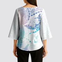 Hawaiian Manta Ray Tribal Kimono Sleeve Blouse Polynesian Art Motifs Sweet Pastel LT03 - Polynesian Pride