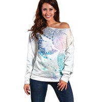 Hawaiian Manta Ray Tribal Off Shoulder Sweater Polynesian Art Motifs Sweet Pastel