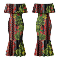 Maori Tukutuku Couples Matching Mermaid Dress and Long Sleeve Button Shirt with Ferns Pohutukawa and Kowhai Tribal Moko Patterns
