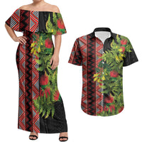 Maori Tukutuku Couples Matching Off Shoulder Maxi Dress and Hawaiian Shirt with Ferns Pohutukawa and Kowhai Tribal Moko Patterns
