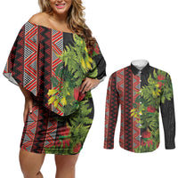 Maori Tukutuku Couples Matching Off Shoulder Short Dress and Long Sleeve Button Shirt with Ferns Pohutukawa and Kowhai Tribal Moko Patterns