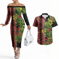 Maori Tukutuku Couples Matching Off The Shoulder Long Sleeve Dress and Hawaiian Shirt with Ferns Pohutukawa and Kowhai Tribal Moko Patterns