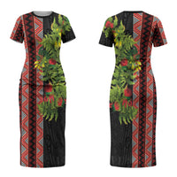 Maori Tukutuku Couples Matching Short Sleeve Bodycon Dress and Hawaiian Shirt with Ferns Pohutukawa and Kowhai Tribal Moko Patterns