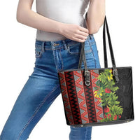 Maori Tukutuku Leather Tote Bag with Ferns Pohutukawa and Kowhai Tribal Moko Patterns
