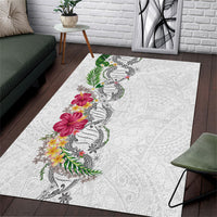 Hawaii DNA Kakau Tattoo Area Rug with Plumeria and Hibiscus Tropical Plants White Color