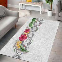 Hawaii DNA Kakau Tattoo Area Rug with Plumeria and Hibiscus Tropical Plants White Color