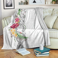 Hawaii DNA Kakau Tattoo Blanket with Plumeria and Hibiscus Tropical Plants White Color