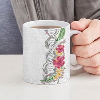 Hawaii DNA Kakau Tattoo Ceramic Mug with Plumeria and Hibiscus Tropical Plants White Color