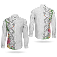 Hawaii DNA Kakau Tattoo Couples Matching Long Sleeve Bodycon Dress and Long Sleeve Button Shirt with Plumeria and Hibiscus Tropical Plants White Color