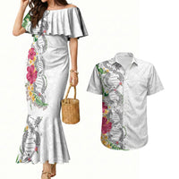 Hawaii DNA Kakau Tattoo Couples Matching Mermaid Dress and Hawaiian Shirt with Plumeria and Hibiscus Tropical Plants White Color