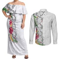 Hawaii DNA Kakau Tattoo Couples Matching Off Shoulder Maxi Dress and Long Sleeve Button Shirt with Plumeria and Hibiscus Tropical Plants White Color